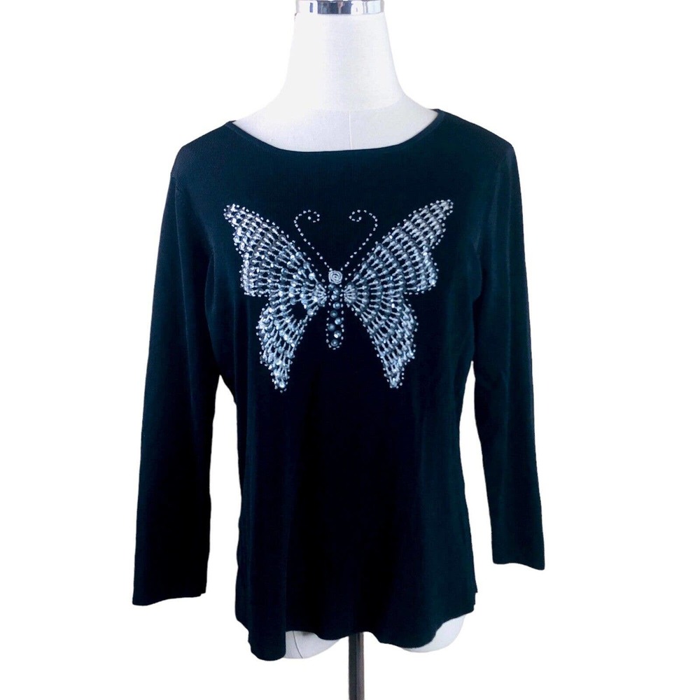 Lucia Burns Butterfly Tee Black Beaded Sequins Stretch Knit Pullover Top XL